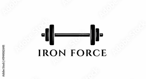 Black silhouette of a dumbbell with text Iron Force below.