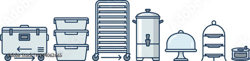 A collection of catering equipment and food storage containers are displayed against a white background.