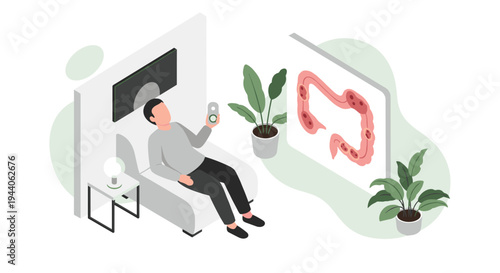 A man sits on a modern armchair in a minimalist room, using a remote to view a medical diagram of a diseased colon on a screen.