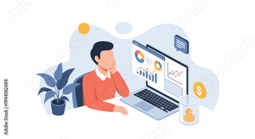 A thoughtful businessman analyzes financial data with charts and graphs on his laptop while sitting at a desk in a modern office space.