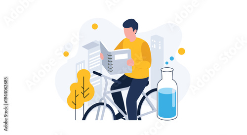 A young man in a yellow sweater reads a book while sitting on his bicycle in a stylized urban park with a large bottle of water nearby.