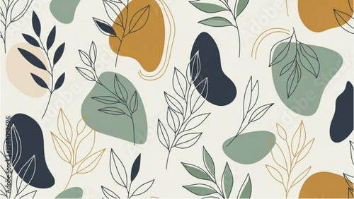 Abstract pattern of leaves and shapes in muted green and orange hues