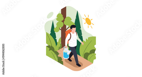 A man with a backpack and a large jug of water enjoys a sunny day hiking on a trail through a lush green forest.