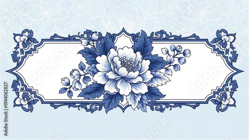 A blue floral design featuring a large peony surrounded by leaves and smaller flowers on a light blue background with ornate border.