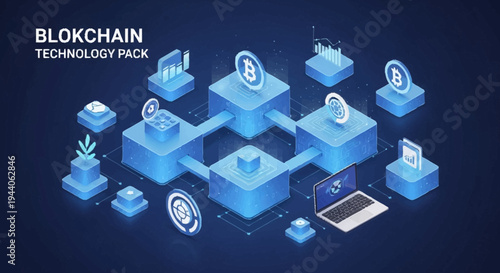 Blockchain Technology Network Digital Data Flow Isometric Illustration.
