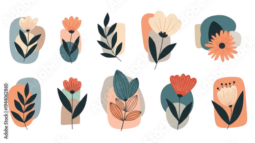 Vibrant flowers and leaves are arranged in a decorative pattern.