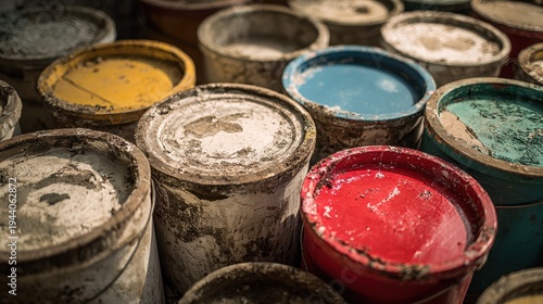 A collection of old used paint buckets with colorful residue