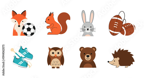 Cartoon animal characters and sport items