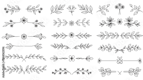 The illustration showcases various floral and leafy decorative elements arranged in rows on a plain surface.