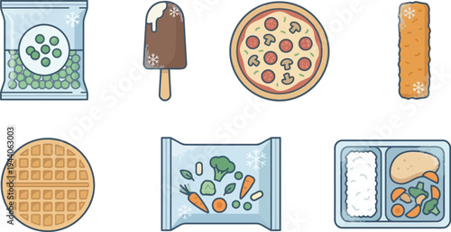 A collection of various frozen food items including peas, ice cream, pizza, and a meal tray.