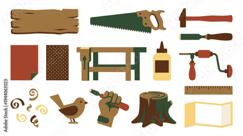 A collection of fifteen flat design icons representing woodworking tools, materials, and carpentry processes is arranged on a clean, isolated white background.