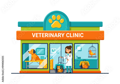 Veterinary clinic with doctor and various animals receiving care and treatment