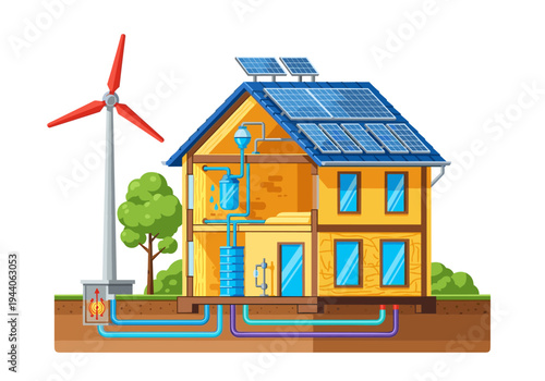 Eco-friendly house with solar panels and wind turbine generating clean energy