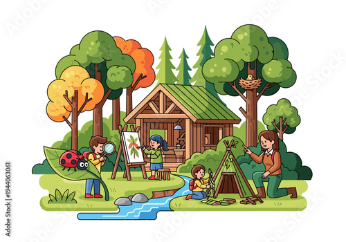 Children engaged in outdoor nature activities and art projects near a forest cabin
