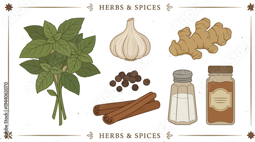 A collection of herbs and spices including basil, garlic, ginger, peppercorns, cinnamon, salt, and ground spices.