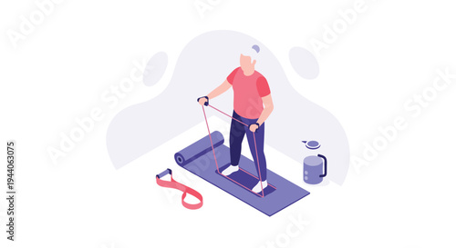 An elderly man with white hair actively engages in a strength training workout using a red resistance band while standing on a purple yoga mat in a minimalist setting.