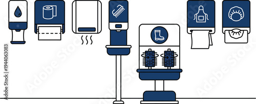 An illustration of various dispensers and hygiene stations in a facility.