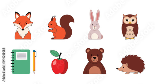Cartoon animals and objects on white