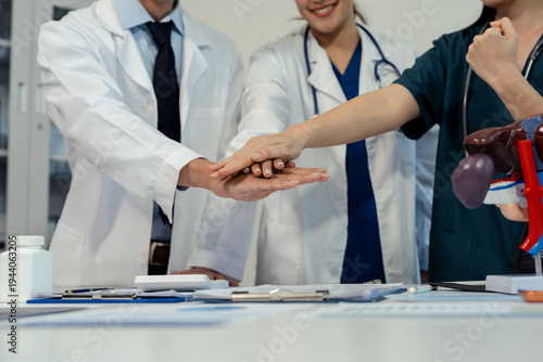 Applause, success with doctors in meeting for presentation, medical and research. Training, healthcare with group of people workshop event for medicine, target or teamwork.