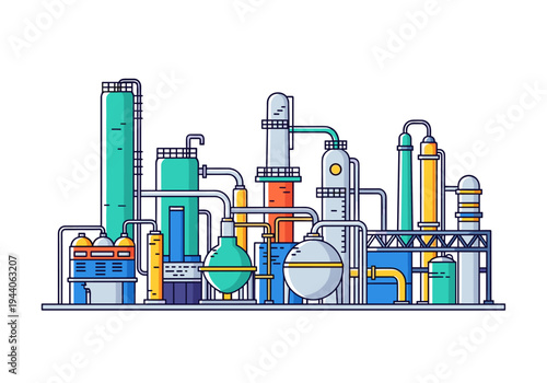 Modern industrial chemical plant with colorful towers and pipelines, flat design illustration