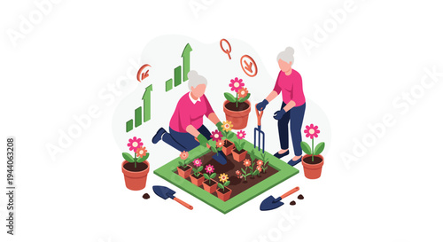Two senior women are gardening together, planting pink flowers in a raised bed, with financial growth charts in the background of this isometric illustration.