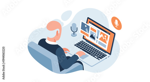 A senior man viewed from behind uses a laptop and microphone, possibly for voice commands or content creation, while browsing a photo gallery on the screen.