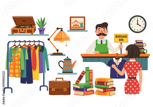 Bargain bin shopping scene with vintage items and clothing rack at a thrift store