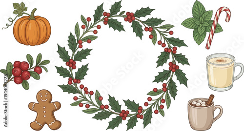 A collection of festive holiday items including a wreath, pumpkin, gingerbread man, and drinks.