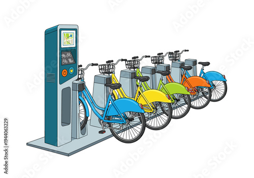 Colorful row of rental bicycles docked at a station with a digital map display