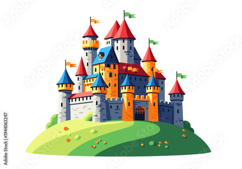 Whimsical cartoon castle with colorful flags on a green hill against a white background