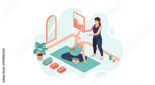An elderly woman practices a yoga stretch on a green mat while a female instructor assists her in a bright studio with a mirror, a plant, and yoga blocks.