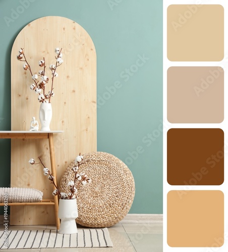 Table, wicker pouf and vase...