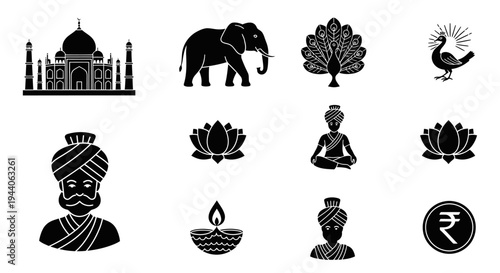 Abstract colorful modern digital art vector illustration of Indian cultural symbols and iconic landmarks, a vibrant and artistic representation