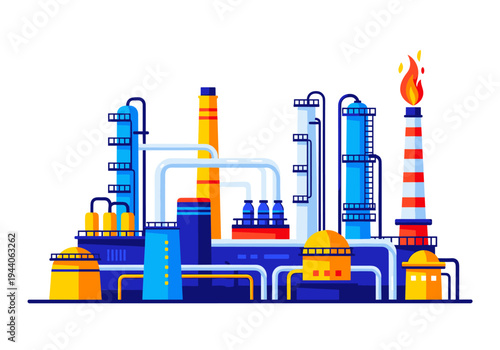Modern industrial refinery complex with pipes, towers, and a smoking chimney