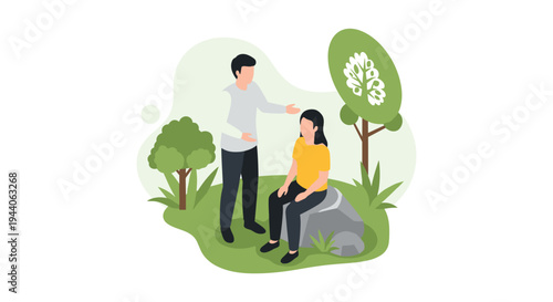 A man offers comfort to a woman sitting on a rock in a green park setting with several trees, illustrated from an isometric perspective on a white background.