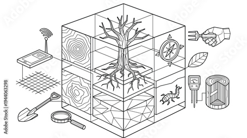 A detailed line art illustration shows a tree within a transparent cube, surrounded by scientific tools and diagrams related to soil science and forestry.
