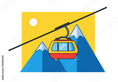 Modern flat design illustration of a cable car traveling over snowy mountains