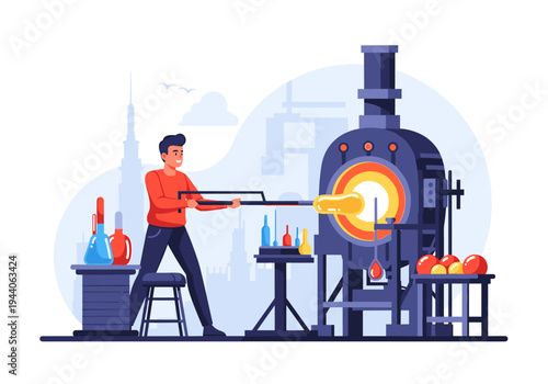 Glassblower working with molten glass in a furnace, creating art with traditional techniques
