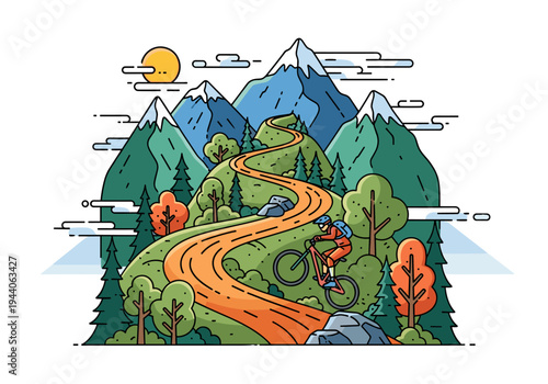 Mountain biker riding on a winding dirt trail through a scenic landscape with sun and mountains