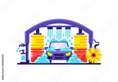 Modern automatic car wash with purple vehicle getting a bubbly soap wash