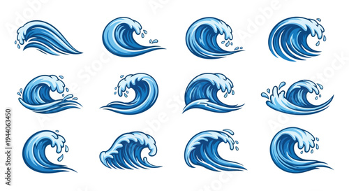 A collection of stylized wave illustrations in varying dynamic forms and sizes. Vector