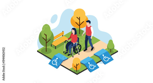 An isometric vector illustration depicting a helpful man pushing a woman in a wheelchair through a park with accessible ramps and a bench.