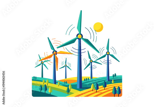 Modern wind farm generating clean energy on a colorful, stylized landscape with a bright sun
