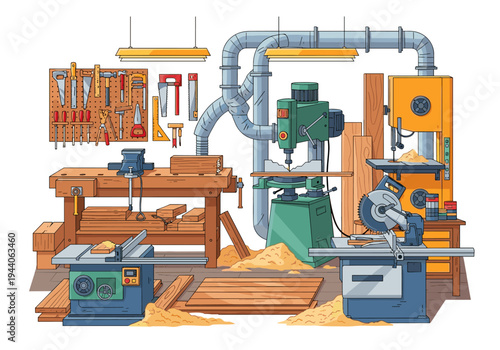 Well-equipped woodworking shop with various tools and machinery for carpentry projects