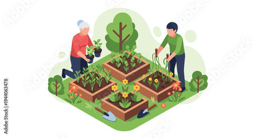 A senior woman and a young man are gardening together in a lush yard, tending to four separate raised beds filled with various plants and flowers.