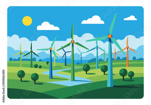 Vibrant wind turbines generate clean energy in a lush green landscape under a sunny sky