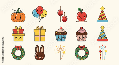 Cartoon illustrations of celebratory elements