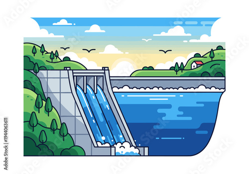 Modern hydroelectric dam with water flowing through spillways into a reservoir on a sunny day