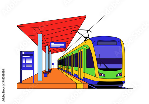 Modern electric train arriving at a brightly colored station platform with overhead canopy