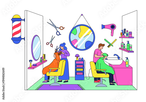 Modern barbershop interior with stylists cutting and washing clients' hair